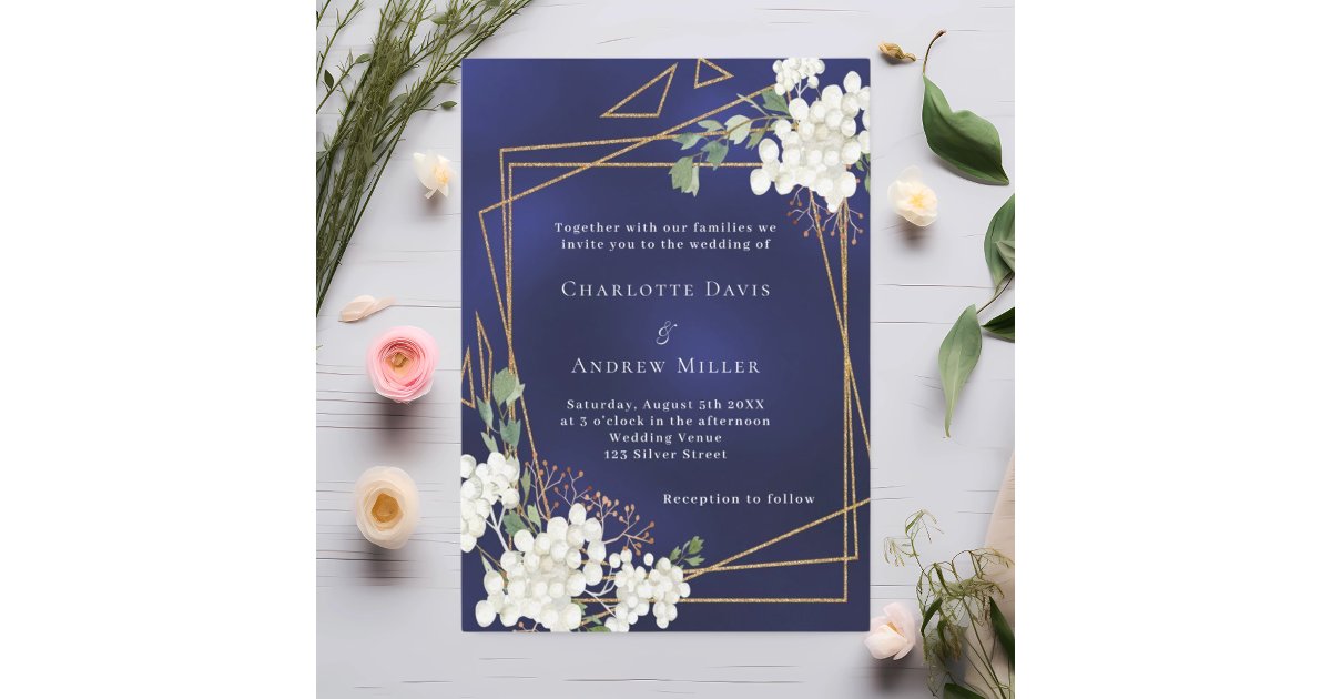 Navy blue white florals gold geometric wedding invitation | Zazzle