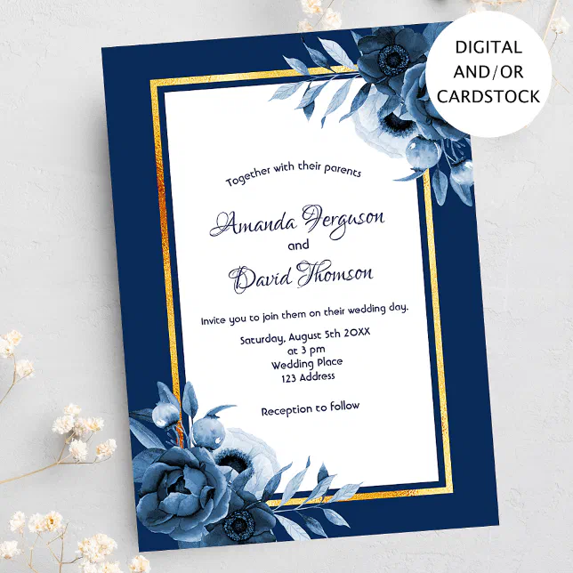 Navy blue white florals gold wedding invitation | Zazzle