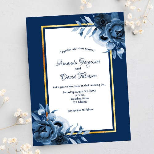 Navy blue white florals gold wedding invitation postcard