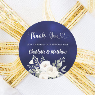 Navy blue white florals heart thank you wedding classic round sticker
