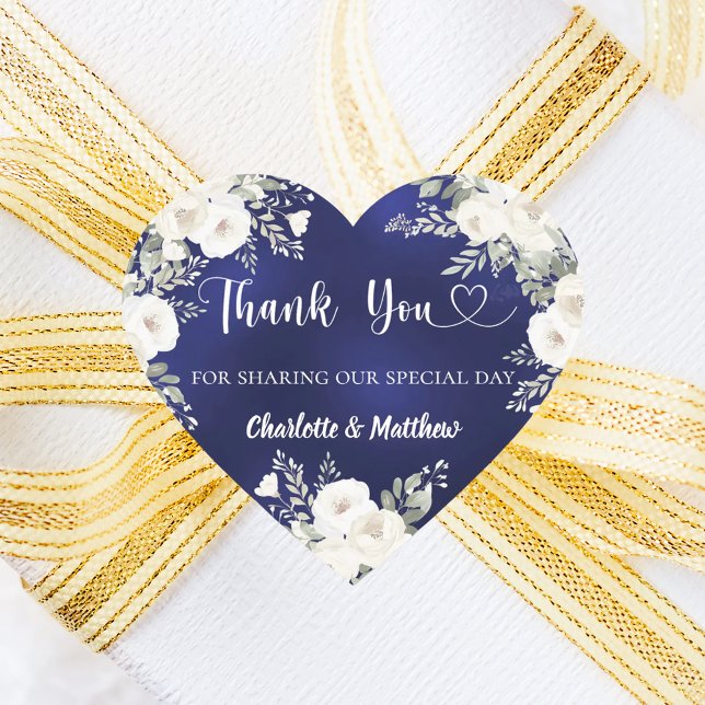 Navy blue white florals heart thank you wedding heart sticker (Creator Uploaded)