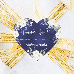 Navy blue white florals heart thank you wedding sticker
