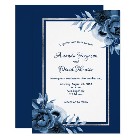 Navy Blue White Florals Silver Wedding Invitation Zazzle Com