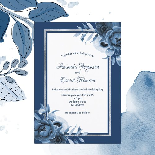 Navy blue white florals silver wedding invitation