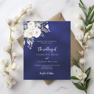 Navy blue white florals wedding invitation