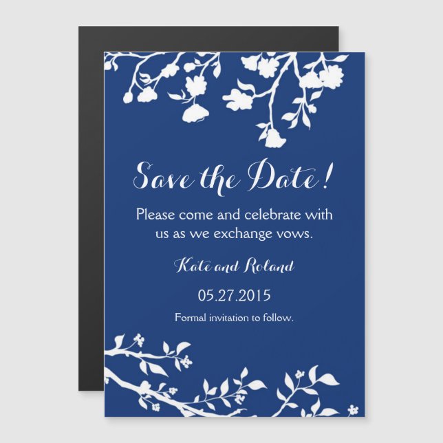 Navy Blue White Flower Save The Date Magnet (Front/Back)