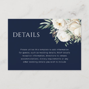 Navy Blue & White Flower Wedding Details Enclosure Card