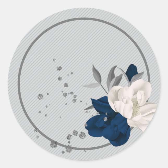 navy blue & white flowers classic round sticker (Front)