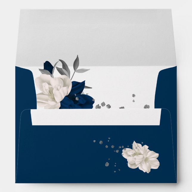 navy blue & white flowers floral wedding envelope (Back (Bottom))