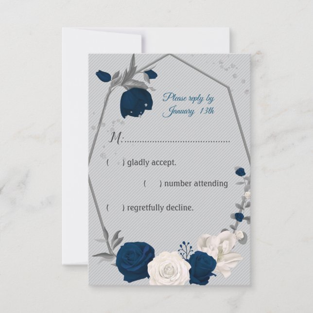 navy blue & white flowers geometric gray rsvp card (Front)