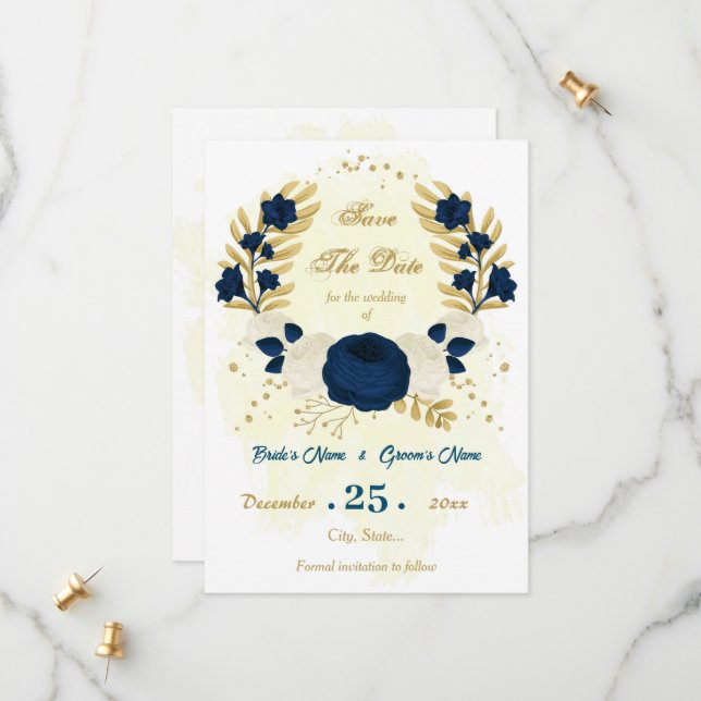 navy blue & white flowers gold botanical save the date (Front/Back In Situ)