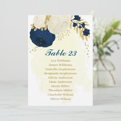 navy blue  white flowers gold seating chart card