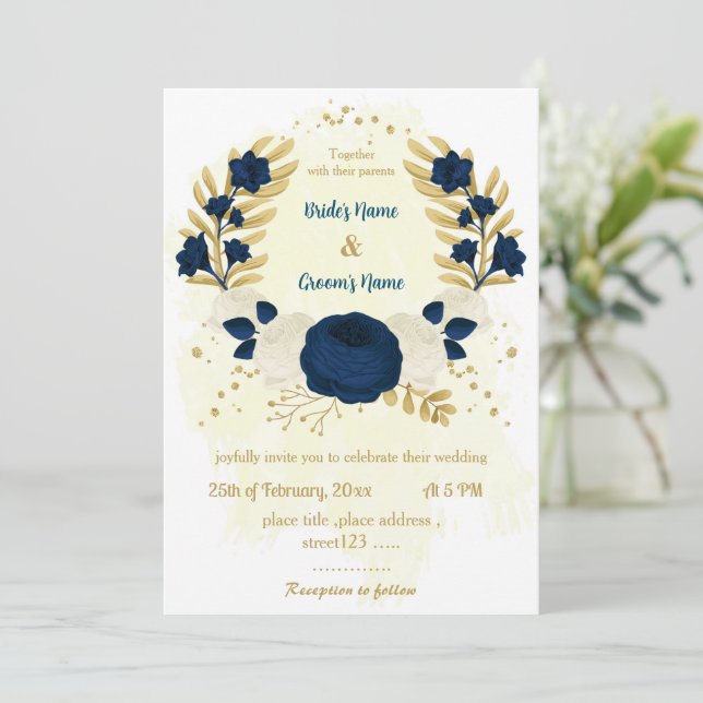 navy blue & white flowers gold wedding invitation (Standing Front)