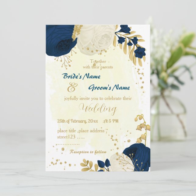 navy blue & white flowers gold wedding invitation (Standing Front)
