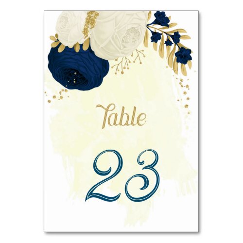 navy blue  white flowers gold wedding table numbe table number
