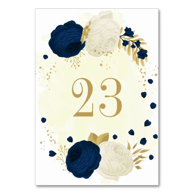 navy blue & white flowers gold wedding table number (Front)