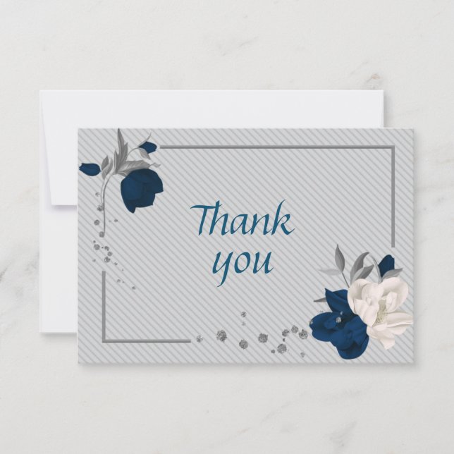 navy blue & white flowers gray leaves botanical thank you card (Front)