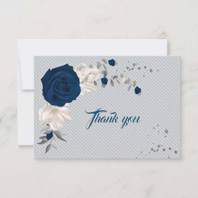 navy blue & white flowers gray leaves thank you card (Front)