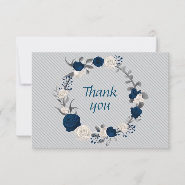 navy blue & white flowers gray leaves wreath thank you card (Front)