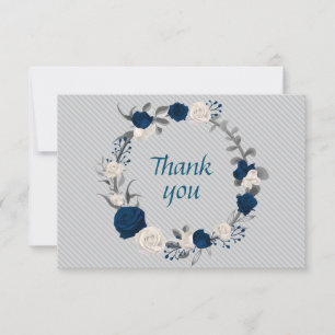 navy blue & white flowers gray leaves wreath thank you card