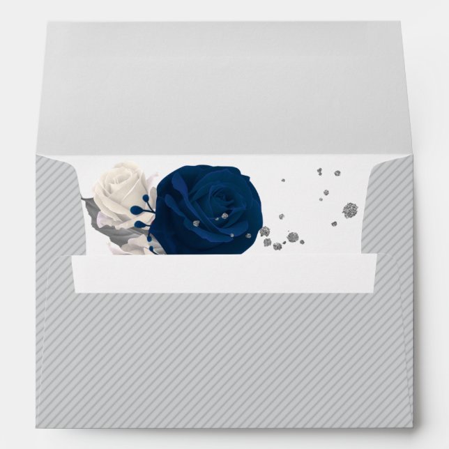 navy blue & white flowers gray wedding envelope (Back (Bottom))