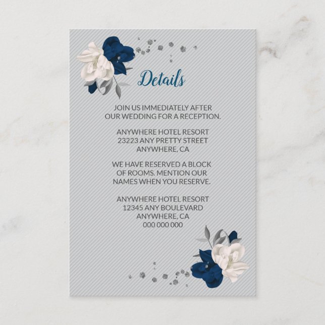 navy blue & white flowers silver leaves details enclosure card (Front)