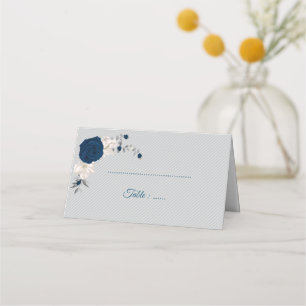 navy blue & white flowers silver leaves gray place card