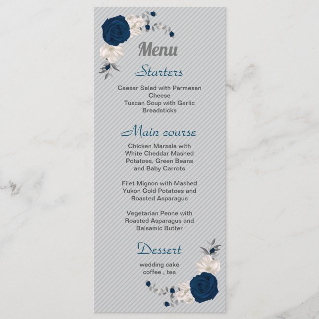 navy blue white flowers silver leaves wedding menu (Front)