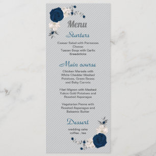 navy blue white flowers silver leaves wedding menu