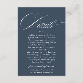 Navy Blue White Formal Calligraphy Wedding Details Enclosure Card