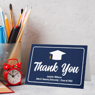Navy Blue White Formal Personalized Graduation Letterpress Thank You Card