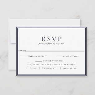 Navy Blue White Frame Wedding RSVP Meal Choice Card