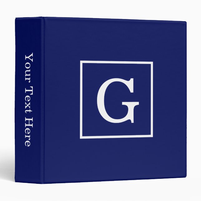Navy Blue White Framed Initial Monogram 3 Ring Binder (Front/Spine)