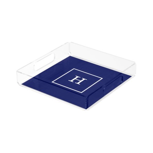 Navy Blue White Framed Initial Monogram Acrylic Tray