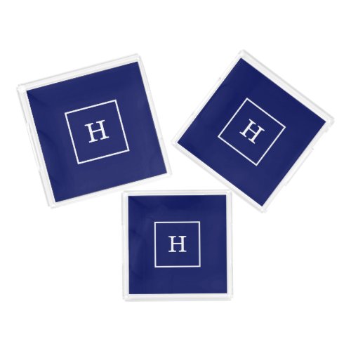 Navy Blue White Framed Initial Monogram Acrylic Tray