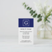 Navy Blue White Framed Initial Monogram Business Card (Standing Front)