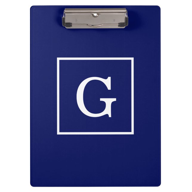 Navy Blue White Framed Initial Monogram Clipboard (Front)
