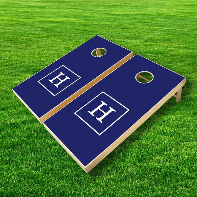 Navy Blue White Framed Initial Monogram Cornhole Set (Creator Uploaded)