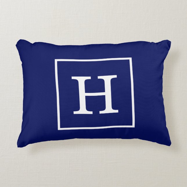 Navy Blue White Framed Initial Monogram Decorative Pillow (Front)