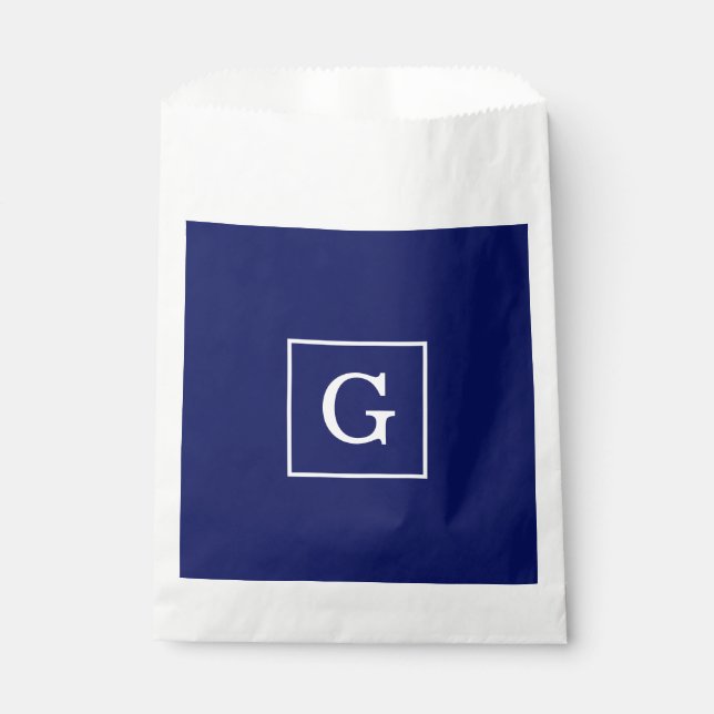 Navy Blue White Framed Initial Monogram Favor Bag (Front)