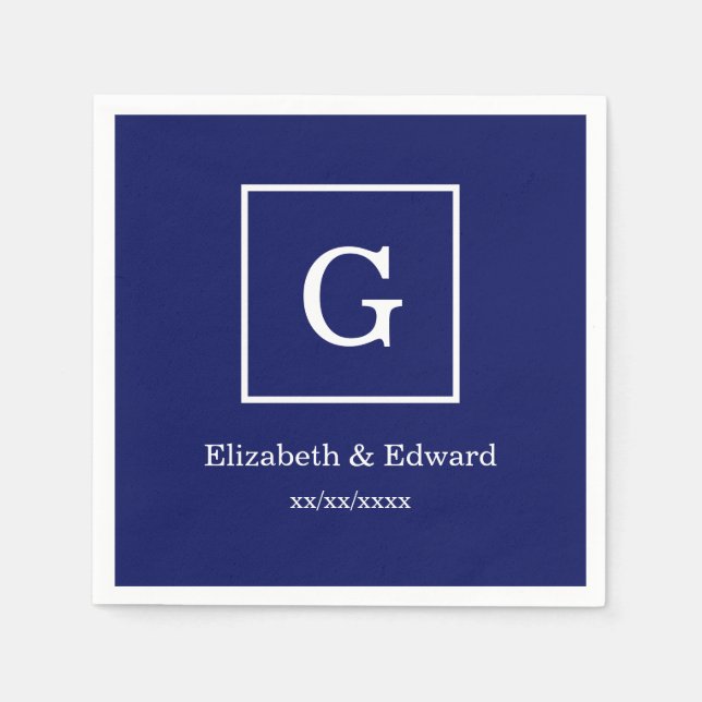 Navy Blue White Framed Initial Monogram Napkins (Front)