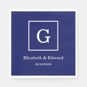 Navy Blue White Framed Initial Monogram Paper Napkins