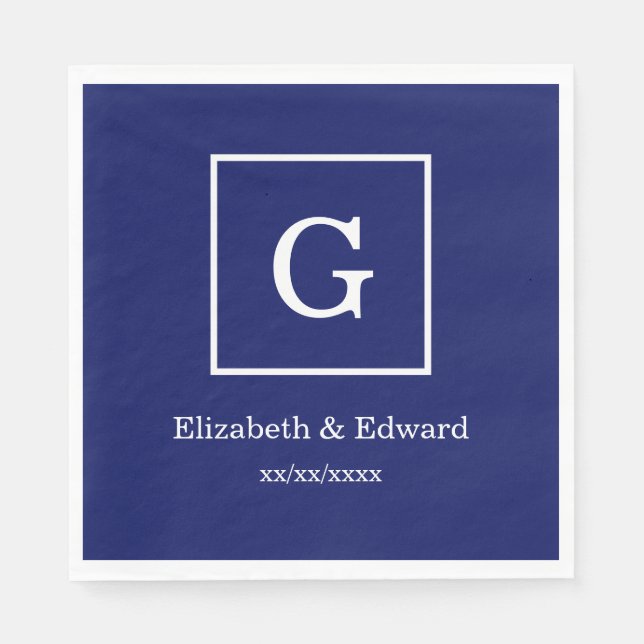 Navy Blue White Framed Initial Monogram Paper Napkins (Front)
