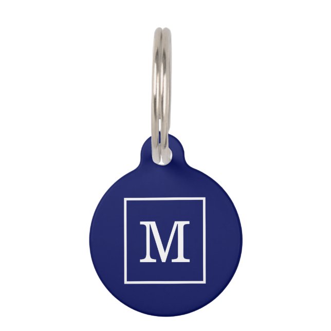 Navy Blue White Framed Initial Monogram Pet Tag (Front)