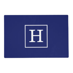 Navy Blue White Framed Initial Monogram Placemat