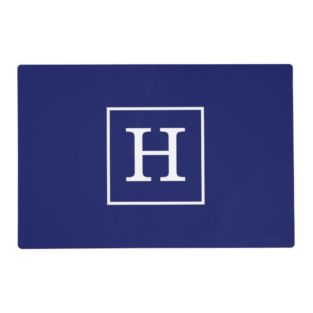 Navy Blue White Framed Initial Monogram Placemat (Front)