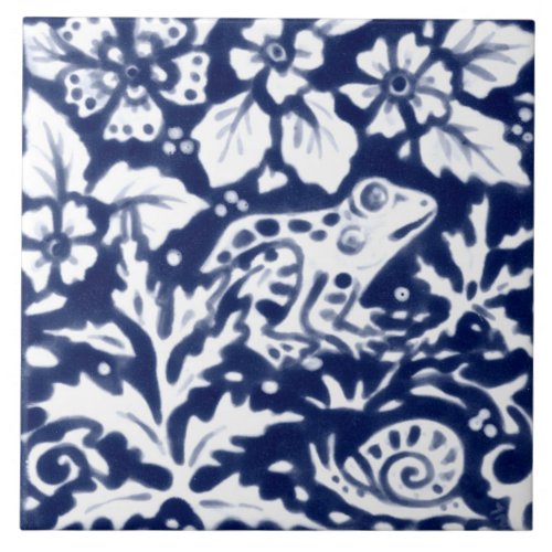 Navy Blue White Frog Snail Fern Leaf Cobalt  Ceramic Tile