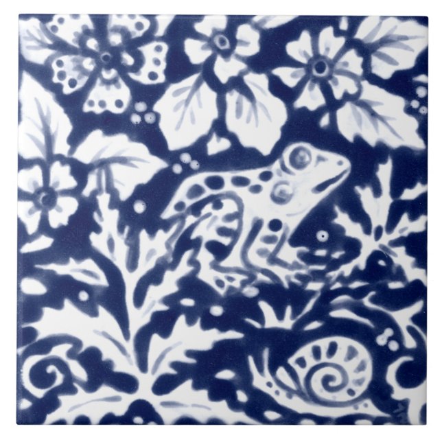 Navy Blue White Frog Snail Fern Leaf Cobalt  Ceramic Tile (Front)