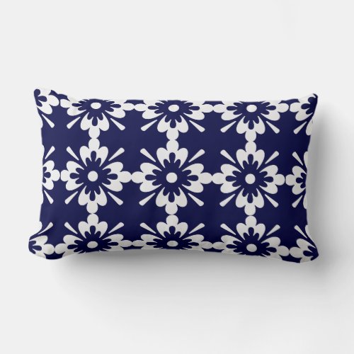 Navy Blue  White  Geometric Floral Pattern Lumbar Pillow