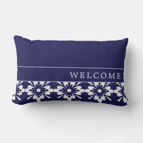 Navy Blue  White  Geometric Floral  Welcome Lumbar Pillow